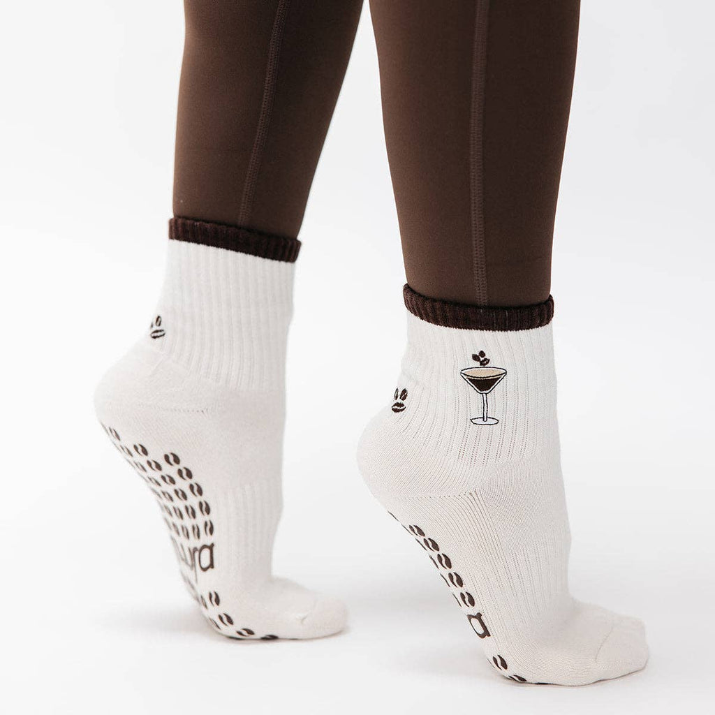 Espresso Martini Embroidered on Cream Pilates Grip Socks