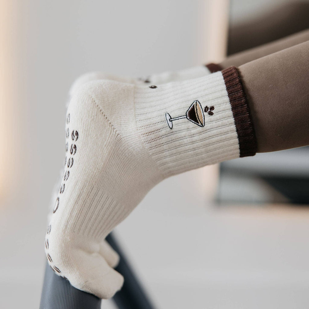 Espresso Martini Embroidered on Cream Pilates Grip Socks