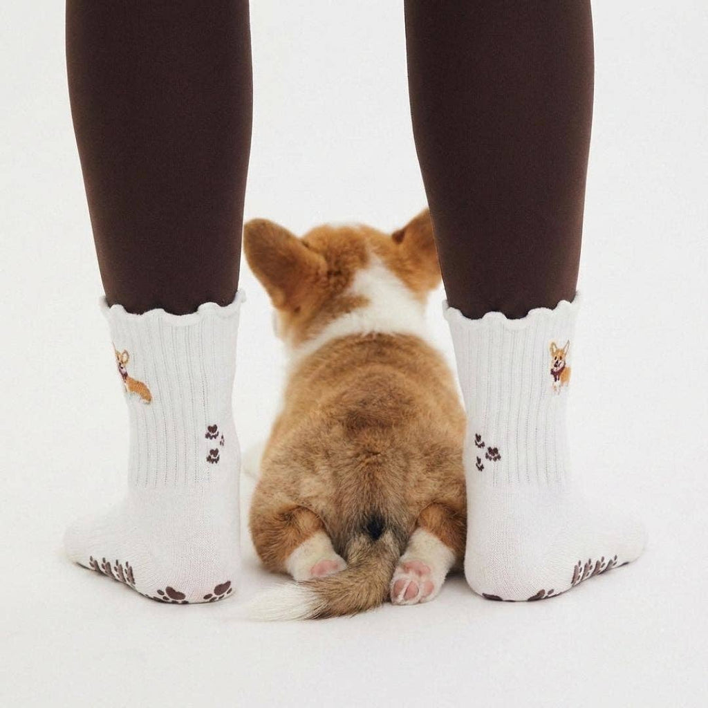 Corgi Embroidered Pilates Socks Brown Paw Grips