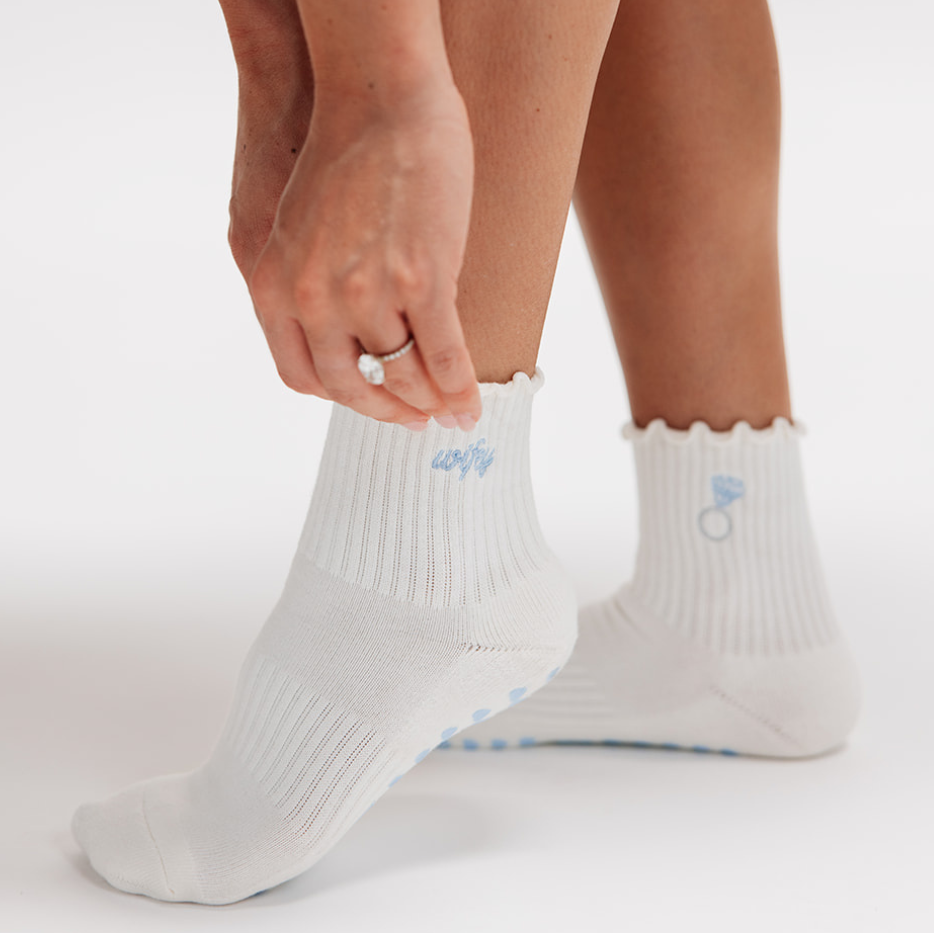Diamond Ring Wifey Embroidery Cream Bridal Pilates Grip Sock