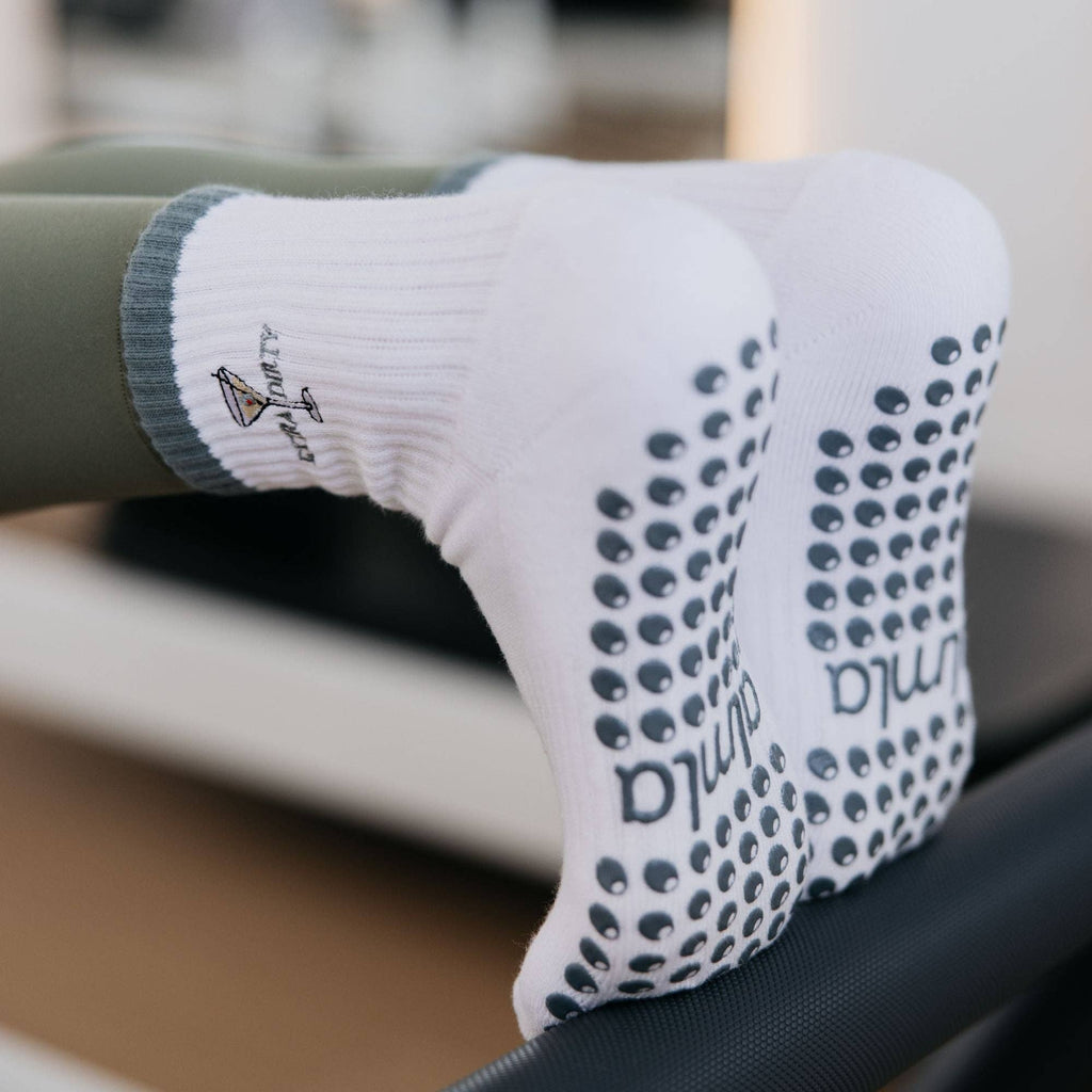 Extra Dirty Martini on White Pilates Sock and Olive Grips