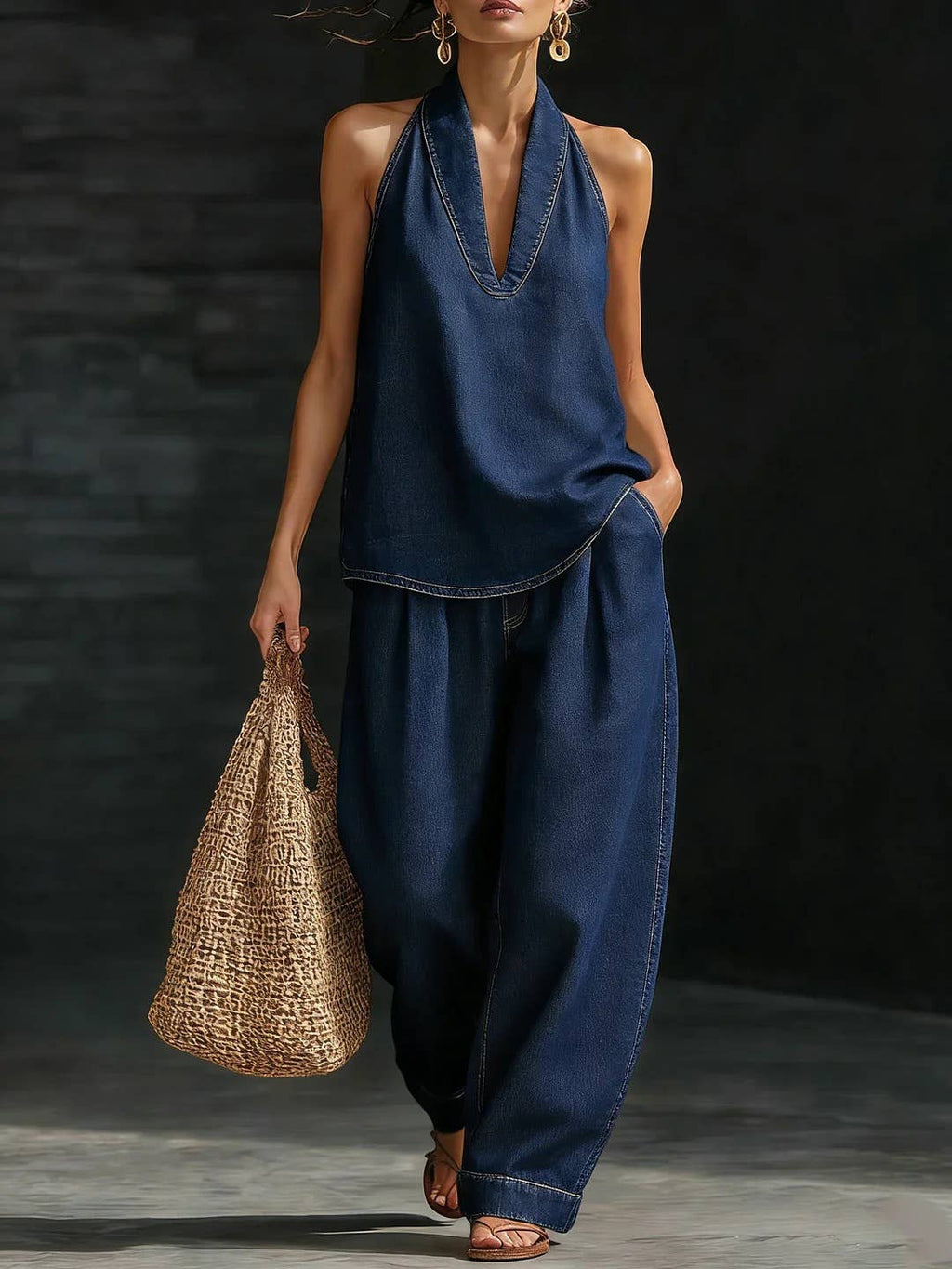Halter Sleeveless Top Denim Pants Set Denim 2 PCS