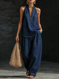 Halter Sleeveless Top Denim Pants Set Denim 2 PCS