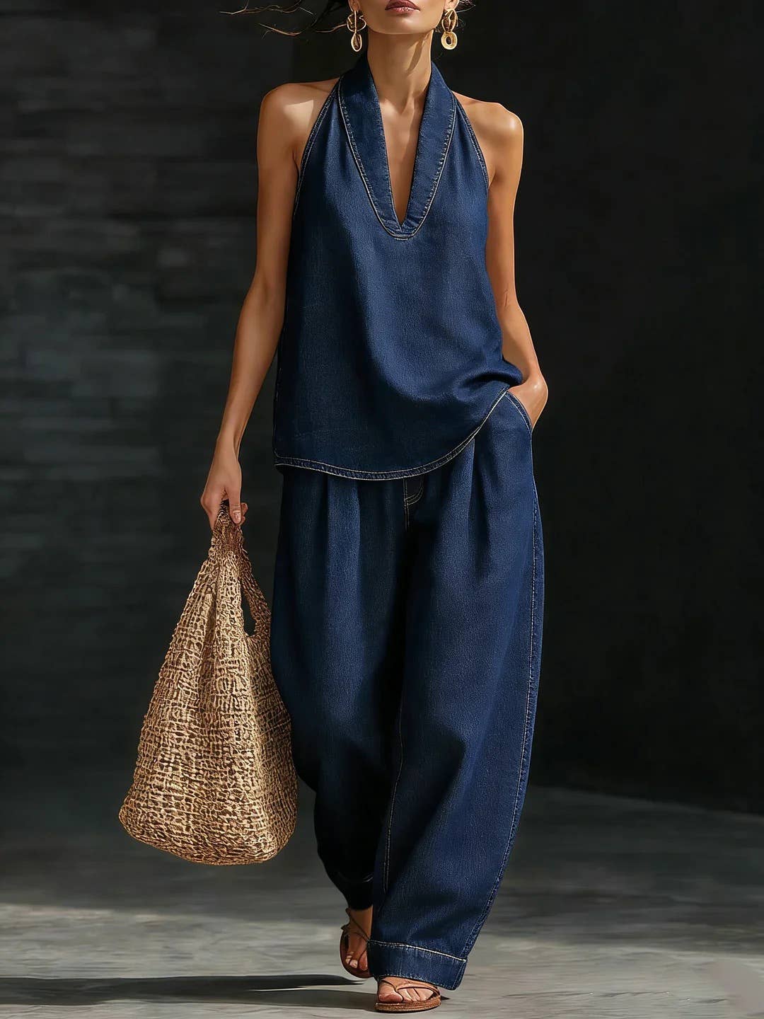Halter Sleeveless Top Denim Pants Set Denim 2 PCS